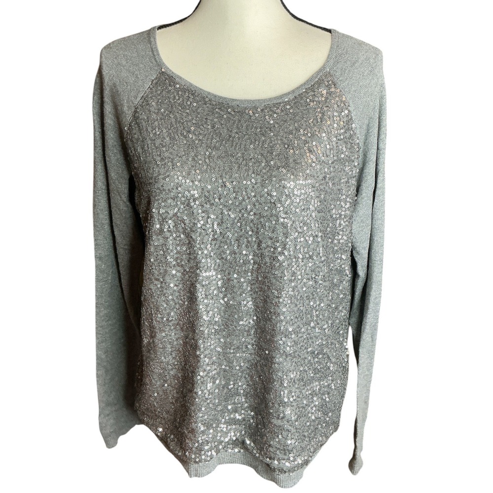 ELLE Grey Sequin Front Sweater Women Large Raglan Sleeve Cotton Blend Knit